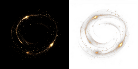 Abstract swirl illustration with golden sparkles on contrasting black and white backgrounds, creating a dynamic visual effect for creative design projects and artistic applications