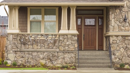 A beautiful residential house blends traditional and modern design with deep brown wooden doors, unique glass panels,