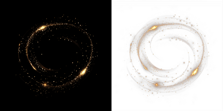 Abstract swirl illustration with golden sparkles on contrasting black and white backgrounds, creating a dynamic visual effect for creative design projects and artistic applications - Powered by Adobe