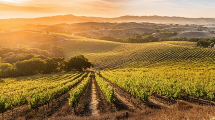 Fototapeta premium Golden hour sunlight bathes a sprawling vineyard landscape with rows of grapevines stretching across rolling hills under