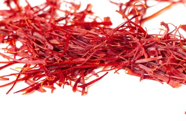 Heap of Organic Saffron or Kesar Heap Isolated on White Background with Copy Space