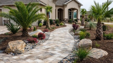 Stone pathway leads to residential house entrance surrounded by landscaping
