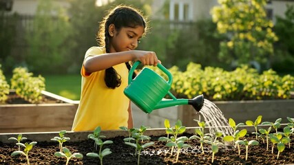 Young girl watering fresh seedlings in a backyard garden. A happy child nurtures new plants with a watering can. Environmental education and growth concept