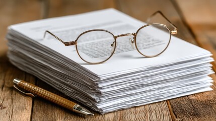 A neat stack of white papers rests on a wooden surface with round metal rimmed eyeglasses placed on top,