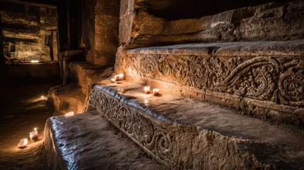 Stone steps illuminated by candles in a historic building interior