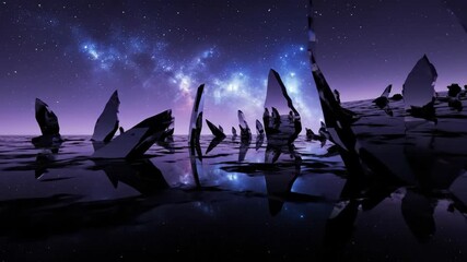 Vertical video of a surreal mirror landscape. Fly-through of an alien world with a cosmic sky and reflections. Science fiction fantasy concept - Powered by Adobe