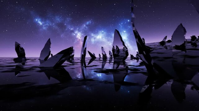 Vertical video of a surreal mirror landscape. Fly-through of an alien world with a cosmic sky and reflections. Science fiction fantasy concept