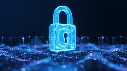 Glowing digital padlock symbolizes cybersecurity and data protection, showcasing technologys role in securing information within network of interconnected nodes and data points - Powered by Adobe