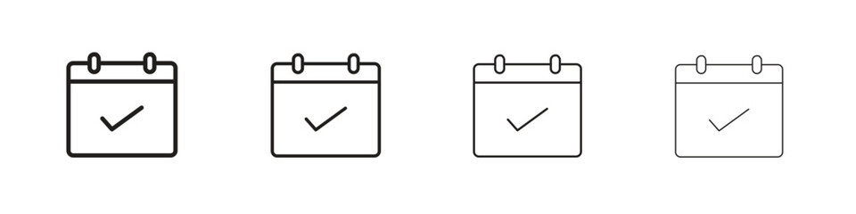 Check in calendar icon set in line style. symbol in outline style