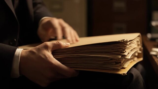 Closeup of a person in a suit holding a thick, old file folder full of documents, suggesting research or legal work