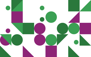 Abstract geometric background with circles triangles and squares in green and purple