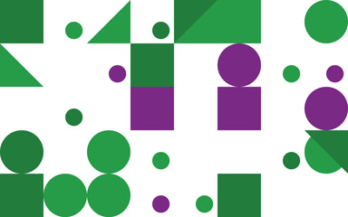 Abstract geometric composition with circles squares and triangles in green and purple