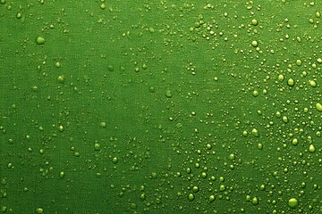 Textured green backdrop embellished with shimmering water droplets, showcasing varied light reflections, smooth finish combined with vivid hues evokes nature's freshness and moisture