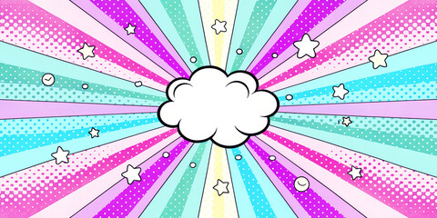 Pastel Rainbow Pop Art Radial Background with a speech cloud