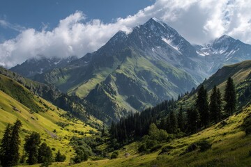 Fototapeta premium Majestic mountain landscape with verdant slopes, towering conifers, and rich foliage beneath snow-capped peaks, all under a bright blue sky, capturing nature's stunning grandeur