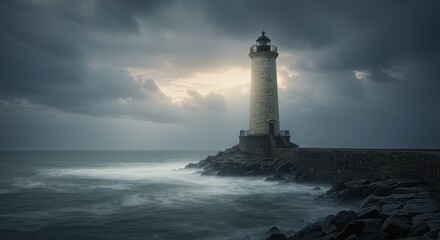 Fototapeta premium Lighthouse on rocky coastline under dramatic cloudy sky