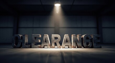 Dramatic 'Clearance' word art under a spotlight. Perfect for retail promotions, sales events, closeout announcements, and limited-time offers. Shopping. Discount promotion.