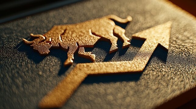 A metallic gold bull engulfing an upward pointing arrow symbolizes growth and strength in financial markets.