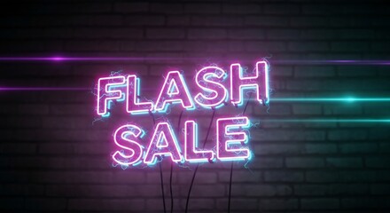 Eye-catching 'Flash Sale' neon sign on brick wall. Perfect for retail promotions, e-commerce banners, marketing campaigns, seasonal offers, discounts, limited-time sales ads.