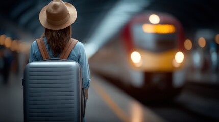 Woman With Suitcase On Train Station Platform Waiting For Transportation During Travel Journey