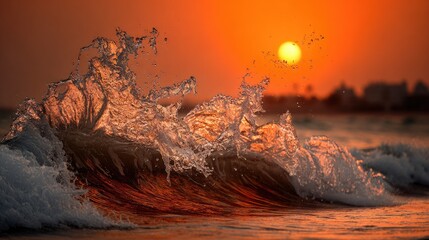 Sunset wave crashing with golden sunlight and coastal horizon background