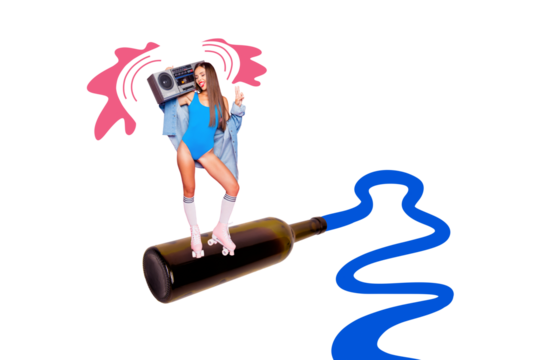 Picture artwork collage of cheerful happy girl listen music night club isolated on creative 3d background - Powered by Adobe