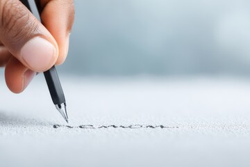 Close up of a hand holding a black pencil writing a line on a textured gray surface with soft diffused lighting