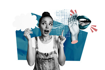 Sketch collage image of funny girl listen interesting information news whisper isolated on drawing...