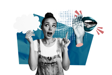 Sketch collage image of funny girl listen interesting information news whisper isolated on drawing background