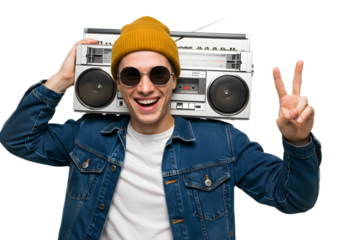 Excited man holding a boombox on his shoulder and showing a peace sign