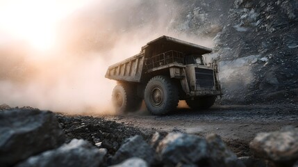 A massive mining dump truck hauls rocks through a dusty sun drenched open pit mine