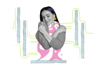 Composite photo collage of happy dreamy pretty girl hug herself wear stylish pullover earring barrette isolated on painted background