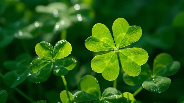 Four-leaf clover with water droplets in a field of green clovers