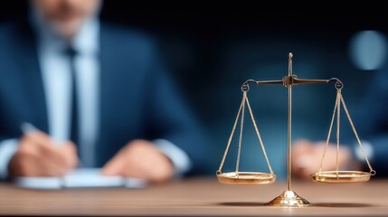 Golden Scales Of Justice On A Table With A Blurred Attorney Writing In The Background