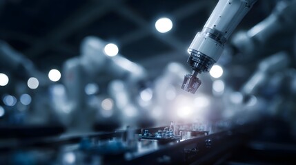 A robotic arm precisely assembling electronic components on a circuit board in a modern automated factory