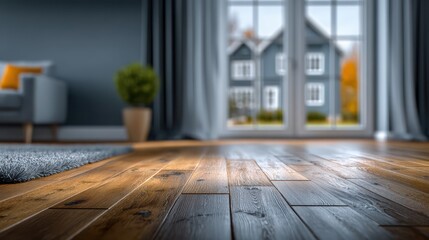 Interior Living Room With Wooden Floor And Large Window Overlooking A House Exterior