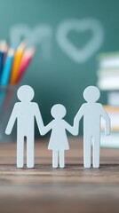 Paper Family Silhouette Holding Hands in Front of Chalkboard with Pencils and Books