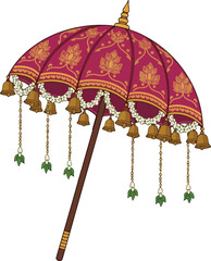 Traditional Indian Wedding Umbrella with Bells and Flowers. © Victory