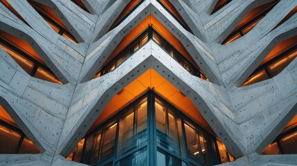 Modern Geometric Architecture Facade with Warm Interior Lighting