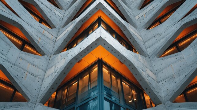 Modern Geometric Architecture Facade with Warm Interior Lighting