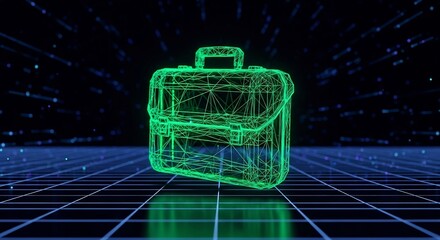 3D neon briefcase on digital grid, symbolizing digital business solutions, blockchain technology, cybersecurity, data privacy, tech future, innovative careers.