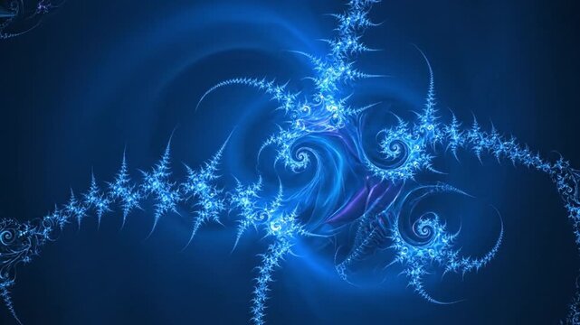 Vibrant blue fractal design showcases intricate patterns and swirling shapes, creating abstract visual experience that evokes depth and movement in cosmic atmosphere