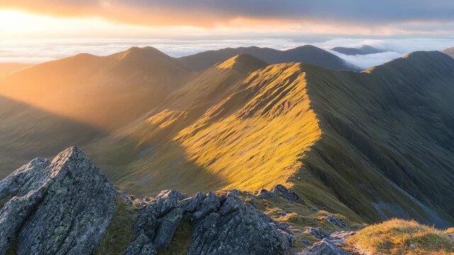 Golden sunrise light illuminates a rugged mountain ridge above a sea of clouds