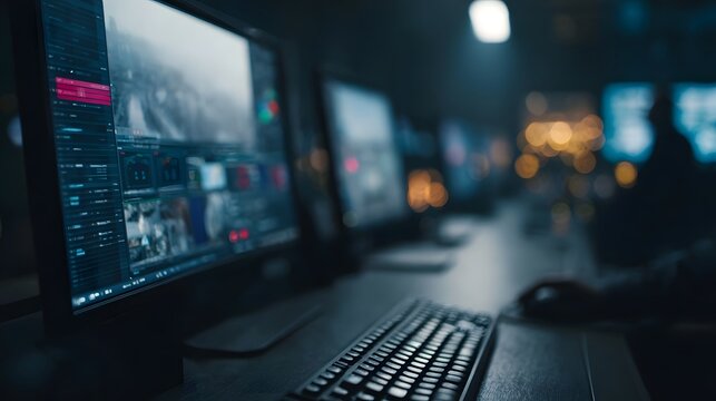 Dimly lit control room filled with multiple computer monitors displaying complex interfaces and data - Powered by Adobe