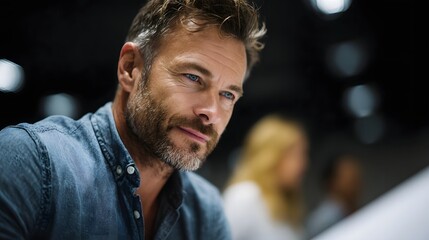 A mature thoughtful man with striking blue eyes and a beard wearing a denim shirt looking intently with a soft focus background