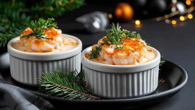 Ramekins of baked seafood topped with prawns and fresh herbs, served warm for a festive Spanish Christmas dinner &mdash; gourmet, homemade starters perfect for holiday gatherings