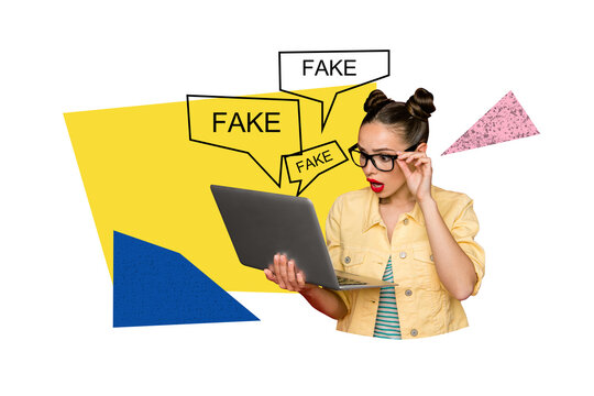 Creative collage picture young woman laptop digital device remote worker freelancer fake news propaganda falsification drawing background