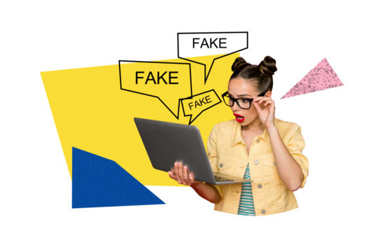 Creative collage picture young woman laptop digital device remote worker freelancer fake news propaganda falsification drawing background