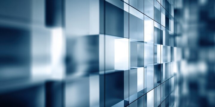 Abstract glass wall with geometric squares and reflective surfaces.