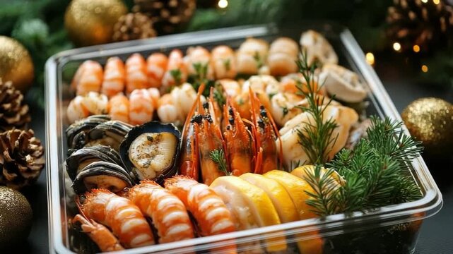 Spanish seafood platter gift-wrapped in transparent box with ribbon, pinecones and gold ornaments, luxury holiday food gift idea, copy space